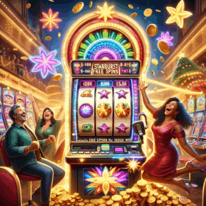 A vibrant image depicting a grand digital slot machine with colorful starburst symbols on the spinning reels. The machine gleams in golden light, and it is in a lively casino environment with twinkling lights and festive decorations. Above the flashy slot machine, the words 'Starburst Slot: Exclusive Free Spins for Huge Wins!' glow in neon lights. Beside the machine, a cheering middle-aged Hispanic woman and a hopeful Black man in his 30s are playing, seem giddy with anticipation. They are surrounded by a swirling influx of gold coins suggesting huge wins. The atmosphere is filled with excitement and anticipation.