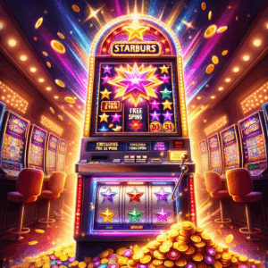 A vivid, graphically detailed image of a classic slot machine with glowing star motifs and bright colors. This slot machine, standing proudly in an arcade setting surrounded by the soft ambience of dimmed lights, should evoke a sense of anticipation and excitement. On its display screen, a series of star-shaped symbols in an array of radiant colors like red, yellow, and purple are aligned for a gigantic win, resulting in an overwhelming explosion of virtual gold coins and free spins symbols pouring out of the screen. The title 'Starburst Slot: Exclusive Free Spins for Huge Wins!' is shining brightly above the machine. The image should create an atmosphere of thrill, reward, and the appealing aesthetics of modern gambling games.