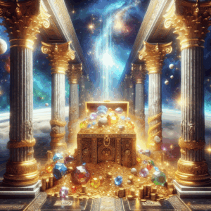 Visualize a concept of unimaginable wealth and prosperity inspired by ancient mythology. Imagine a massive golden chest overflowing with myriad varieties of precious gemstones and gold coins. This treasure chest is nestled between two ancient Greek-style marble columns heavily adorned with intricate carvings. The astonishing scene is bathed in a divine, ethereal light that suggests divine intervention. In the backdrop, imagine a vast, celestial, night-time sky full of brilliant stars, hinting at the limitless possibilities. The idea is to evoke the thrill of hitting a metaphorical jackpot and realizing one's dreams.