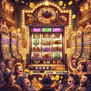 Illustration of a themed slot machine in an opulent arcade room. The slot machine design takes inspiration from the Wild West, emblazoned with motifs such as a cowboy hat, spinning gold coins, and saloon doors. Numbers and symbols glow brightly on its screen, suggesting free spins and high RTP. Excited players of varying genders and descents are huddled around the machine, visibly pleased with their luck. Around them, the arcade room is filled with similar machines, all bathing in the glow of neon lights, creating an atmosphere of anticipation and excitement.