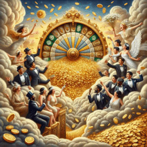 Imagine a synopsis of wealth and prosperity depicted through a heavenly theme. A magical wheel of fortune overflowing with shimmering gold coins sits nestled within a setting of opulent, rippling clouds, like a divine gift from the heavens. Among the clouds, a group of South Asian women and Caucasian men, dressed in roaring 20's attire, are celebrating their big wins with wide smiles and pure joy. Juxtaposing this, a few Black and Hispanic men in crisp, tailored suits eye the wheel with anticipation. The scene is abundant with symbols of luck such as four-leaf clovers, horseshoes, and wishbones scattered throughout.