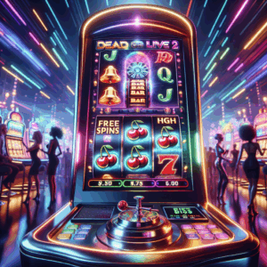 Visualize a dynamic scene set in a futuristic, neon-lit casino. The focus is on a cutting-edge digital slot machine displaying the words 'Dead or Alive 2'. Animated cherries, bells, and bar symbols gyrate on its screen. Below them, the words 'Free Spins' and 'High RTP' are illuminated to draw attention. A kaleidoscope of colors reflect off the polished chrome corners of the slot machine. In the background, blurred silhouettes of a diverse group of gamblers - Caucasian women, Black men, South Asian men and women, Hispanic men - enliven the scene. The environment is brimming with anticipation and excitement.
