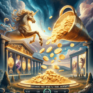 Imagine an extravagant illustration for an article about an online game named 'Divine Fortune'. The focus is on the theme of the game, portraying Greek mythology. The image is a dramatic portray of a golden cornucopia overflowing with sparkling coins against a backdrop of a majestic Greek temple under a serene sky. A text banner across the top reads 'Divine Fortune: Exclusive Free Spins for Huge Jackpots!'. In the foreground, we see a stylized emblem of the game, and spinning slots on a digital screen showing various symbols like Pegasus, Medusa, and Minotaur.