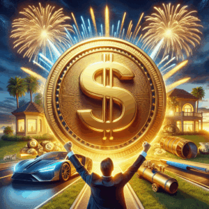 Visualize the exhilaration of winning a big fortune through a lottery game depicted through a symbolic metaphor. In the center, a person of South Asian descent, joyously holding a large, shiny golden coin, with a dollar sign imprinted on it. Surrounding the coin, bursting out radiant beams of light creating a glow around the coin. The person is surrounded by a luxurious environment comprising an opulent mansion, a sleek sports car, and verdant palms, perfectly capturing the aura of wealth and fortune. The sky is beautifully lit up by fireworks, accenting the scene.