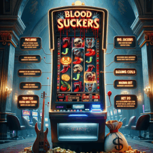 An image of a themed slot machine game named 'Blood Suckers.' The machine is sleek, bright and electrifying, located in a bustling casino. On its digital screen, animated symbols pertaining to the theme swirl around - think gothic vampires, garlic cloves and wooden stakes. Above the screen, the game title glows in spooky, dripping red letters. Near the bottom, a bulging sack of gold coins signifies big jackpots. Aside from the machine, a list of tips in bullet points floats, which includes strategies like playing at off-peak hours, monitoring the paylines and betting maximum coins.