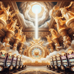 Imagine yourself inside a grand, ornamented hall, its high ceiling adorned with ethereal figures. They're crafted from molten gold and shrouded in clouds, imitating the gods of ancient mythology. A ray of celestial light radiates from a large, gem-encrusted wheel in the middle of the room. This is the divine jackpot wheel, surrounded by towering slot machines decorated with symbols from Norse mythology such as Mjolnir, Odins ravens, and Freyas cats. The atmosphere is electric with anticipation, as if immense wealth could flow from these machines at any moment.