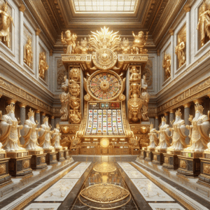 Visualize a detailed scene of a grand, towering hall lined with statues of various ancient deities. Each statue is meticulously carved from marble and gold, capturing the god's unique attributes and symbolism. At the center of the hall, there's a massive, gleaming golden slot machine with intricate motifs and symbols depicting various elements of mythology. The slot machine, styled as the centerpiece, is known to bestow colossal jackpot rewards, making it highly sought after by all who visit the hall. Note that while portrayal should capture the grandeur and allure of this setup, it should not show any specific brand logo or copyright images.