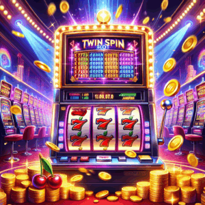 Illustrate a detailed scene for an article regarding 'Twin Spin Slot: A Comprehensive Guide to Winning Big Today'. The scene should represent the excitement and anticipation of playing a Twin Spin Slot machine. The image should depict a brightly lit slot machine with dazzling twin spin symbols. It should include a pair of cherries, sevens, and diamonds flashing on the screen. There's a vibrant aura of anticipation surrounding the machine, with coins cascading out in a celebratory jackpot win. The background should hint towards the glamour of a bustling, lively casino with neon lights and a red carpet atmosphere.