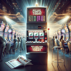 Create a vivid and detailed image of a modern slot machine showing two identical cherry symbols, indicating proximity to a win. The machine sits in a bustling casino floor, where people of varying descents and genders participate in games of chance. A focus light is highlighting the slot machine to emphasize its importance, creating an allure that is hard to miss. Furthermore, nearby, an informative guidebook with the title 'Must-Have Guide to Winning Big Today' lies open on a small table, suggesting the tantalizing possibility of fortunes waiting to be won.