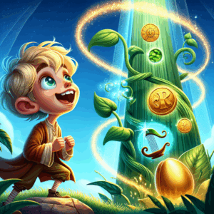 Create an image depicting a stylised interpretation of the classic story 'Jack and the Beanstalk'. In the foreground, a young boy labelled 'Jack' with golden hair and ragged clothes is gazing excitedly at a towering beanstalk that stretches up into the sky. Sparkling light effects around the beanstalk give the impression it is enchanted, and an array of magical objects like a golden egg, an enchanted harp, and glittering coins are scattered at the base. Adorn the top corner of the image with a caption in playful font that reads: 'Jack and the Beanstalk Slot: Exclusive Free Spins Await!'