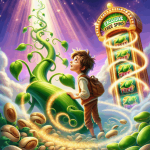 Illustrate a scene from the fairy tale 'Jack and the Beanstalk' with heightened colors and emphasis on a magical atmosphere. The main focus is on a large, sprawling beanstalk climbing up into the skies. Below, Jack, a young Caucasian boy with messy brown hair, is looking up at it in awe. He's holding a brightly shining golden slot machine handle in his hand, symbolizing free spins. Surrounding the scene are clusters of sparkling, spinning beans, representing the exclusive free spins featured in the game. Design the image in a light-hearted, whimsical style.