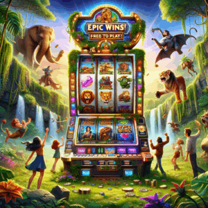 An animated scene featuring the excitement of a fantasy-themed slot machine game inspired by a wild, jungle setting. The center of the image focuses on the slot machine itself, with vibrant symbols of wild animals like lions, monkeys, and elephants, along with an adventurer hat, a magical board game, and golden coins. The machine stands in a lush, verdant jungle environment with vines hanging from the trees and exotic plants on the ground. People of different genders and varied descents are seen thrilled with joy as they engage in the game. The top of the machine displays the text: 'Epic Wins! Free to Play!'