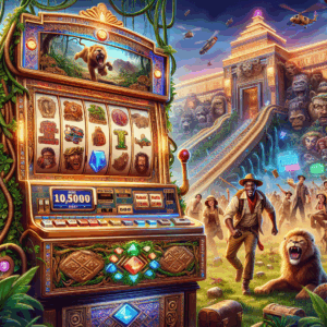 Illustrate an exciting scene that represents the concept of a Jumanji-themed casino slot game. In the foreground, vividly depict an opulent slot machine, engraved with jungle vines, tribal carvings and adorned with precious gemstones. On the screen of the slot machine, display rolling images of iconic items and creatures from a jungle adventure such as roaring lions, panic-stricken monkeys, hidden treasure chests, and vintage explorers' tools. The background can be blurred, hinting at a bustling casino environment with flashing colorful lights and thrilled players, of various genders and descents, celebrating their epic wins. Make sure to represent the thrilling ambiance full of anticipation and hope.