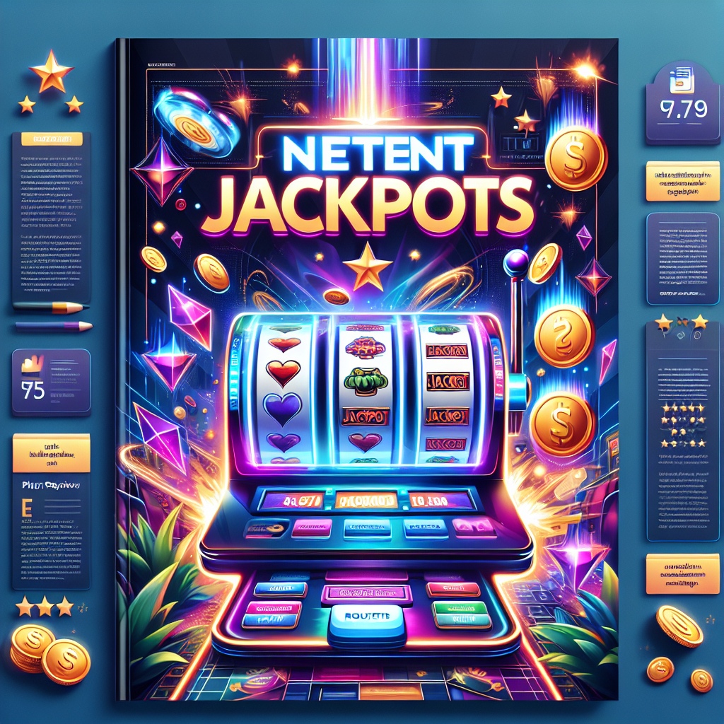 Create an image for a digital publication. The cover should be dynamic and eye-catching, themed around online casino gaming. It should depict a digital interface of a slot machine with vivid symbols and the text 'NetEnt Jackpots' prominently displayed. Additionally, include visual representations of player reviews, such as star ratings or quote boxes. There should be an illustration in the background that suggests the excitement and anticipation of a big win, perhaps through visuals like gold coins, a jackpot number in neon lights, or a cheering crowd. However, make sure the artwork doesn't promote irresponsible gambling.