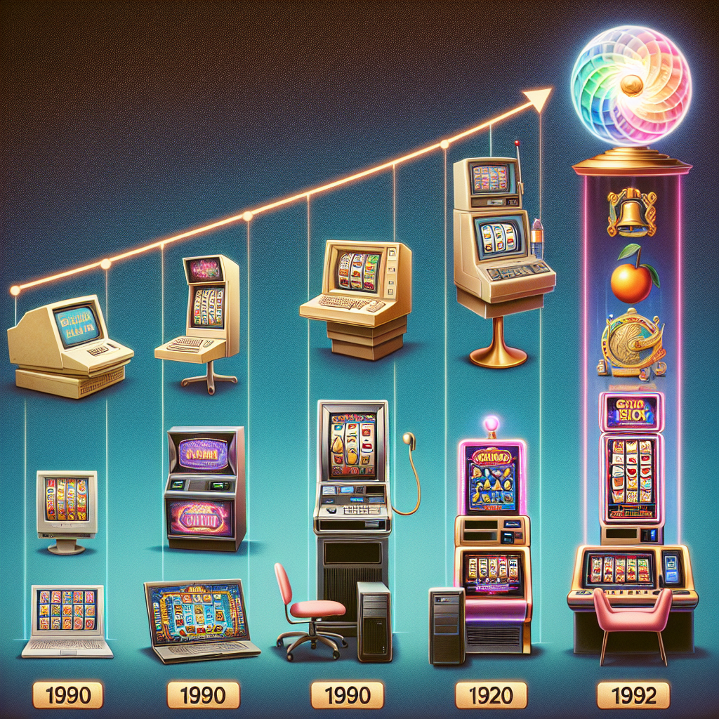 Picture a timeline of the evolution of online slot machines. Begin in the early 1990s, showcasing a simplistic, text-based online slot game on a bulky, beige computer. As we move through the years, the machines become progressively more advanced and visually appealing. Showcase popular themes and features that have come to define these games over time, like fruits, bells, numbers, bonus stages, and 3D graphics. On a distant futuristic end of the timeline, illustrate an AI-powered, holographic slot machine, representing the possible future of online gambling.