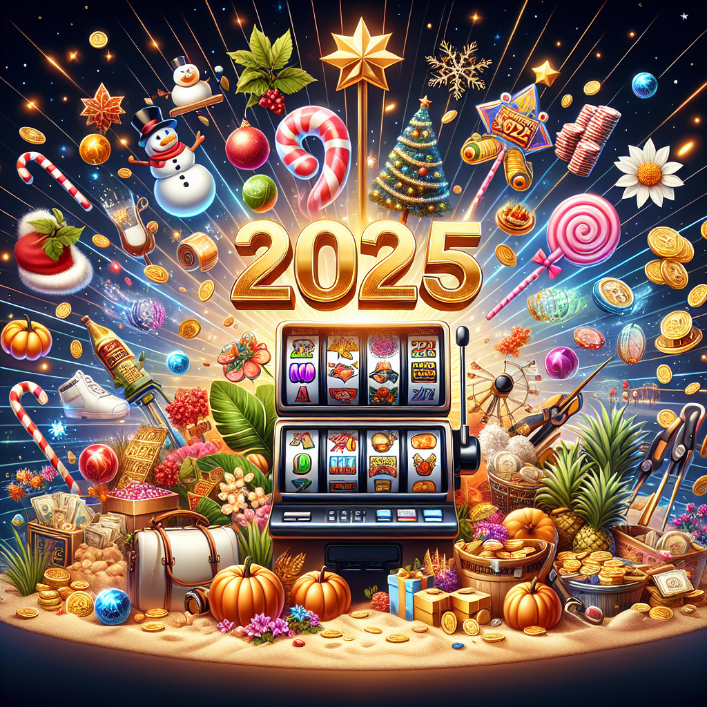 Imagine the visual representation for an article discussing the top recommended seasonal slot games developed by a popular gaming software in 2025. The scene is filled with iconic symbols associated with different holidays and seasons. Christmas elements include candy canes and mistletoe; summer elements include a sandy beach and a sun hat; autumn elements include piles of colorful fallen leaves and pumpkins; and spring elements include blossoming flowers and a pair of garden shears. The background has dazzling lights, just like those you see on casino machines. A large 2025 in golden numbers stands out in the center and all-around, there are elements of slot machines, such as spinning reels, levers, and boxes of gold coins.