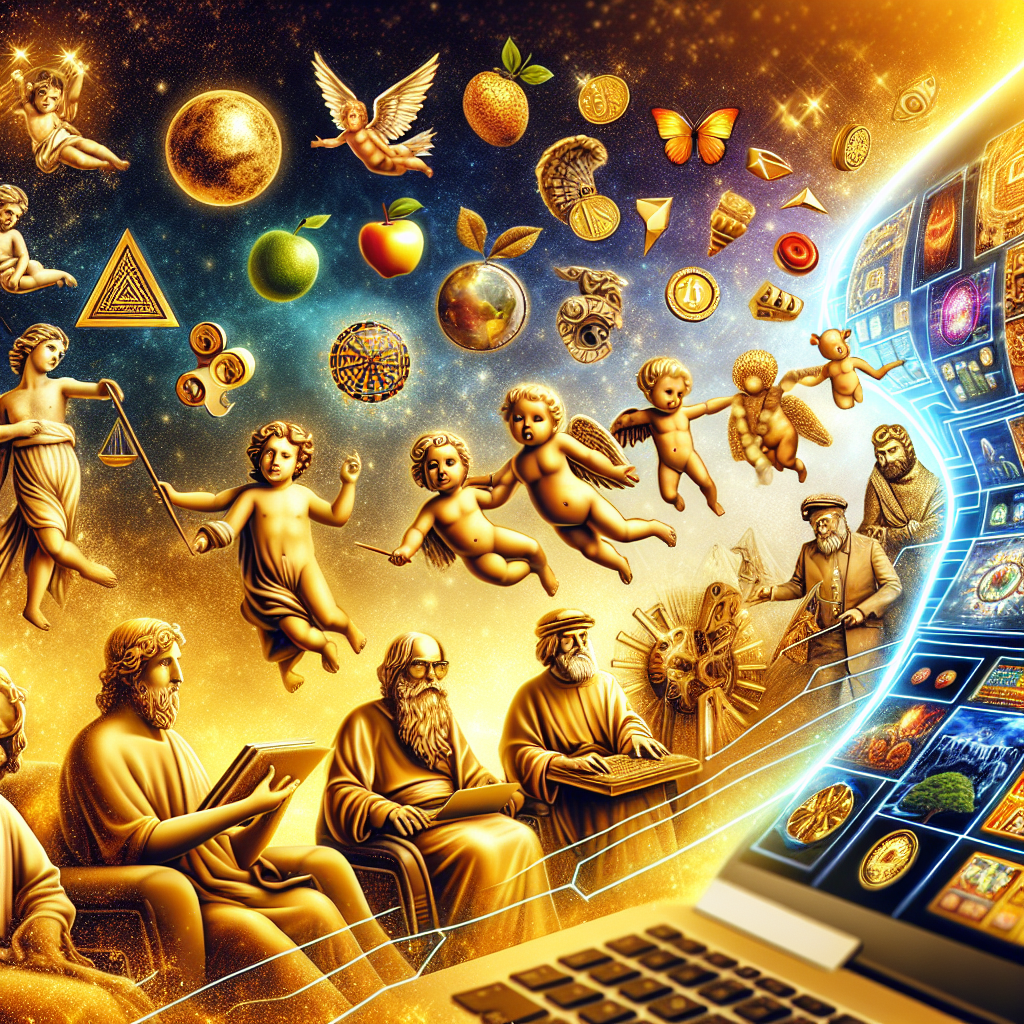 A creative representation of the history and evolution of online slot machines, starting with the primordial days of simple, pixelated screens, to the contemporary epoch showcasing immersive, 3D designs. Include visuals of cherubic characters, traditional symbols like fruits and bells, and modern additions such as intricate characters and themes. Overlay these with a timeline to denote progression over time. The scene should be imbued with a gleaming golden hue to signify the legacy and value of online slots.