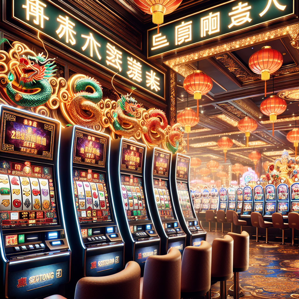 A gambling scenario in a bright, glamorous casino with a strong Chinese aesthetic. The casino is filled with slot machines, each decorated with traditional Chinese symbols like dragons, lanterns, and gold coins. The machines are made by a popular producer, showcasing high quality and captivating design. In the background, three prominent signs hang, presumably advertising different online gambling platforms. The lights in the casino are vibrant, drawing attention to the excitement and possibility that comes with the games.