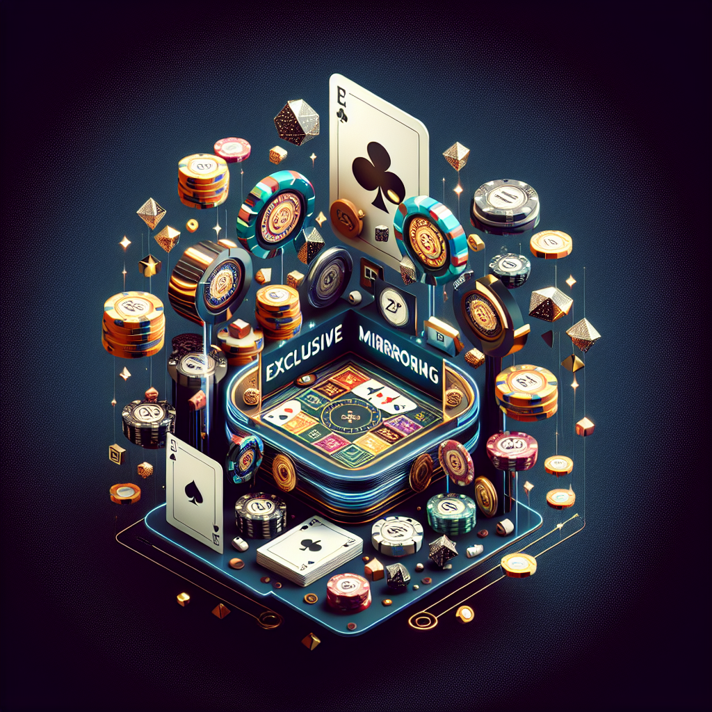 Create an exclusive, top-of-the-line visual representation of a mirrored betting interface. Include traditional gambling elements such as playing cards, chips, and dice, mixed with sleek and sophisticated modern attributes. The betting platform should appear digitally mirrored, demonstrating its accessibility even under restrictive circumstances.