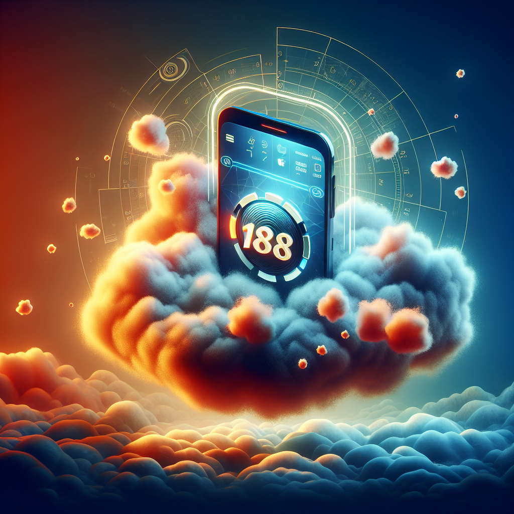 Imagine an artistic representation of a high-tech mobile device floating amidst cloud-like shapes, as if it resides in a digital cloud. The device displays an application icon, symbolizing an advanced and innovative betting application. The application icon is creatively rendered with the numbers '188' and has a surrounding glow to make it stand out. The background of the prompt is a blend of cool and warm colors, perhaps blues and oranges, symbolizing both the iOS and Android platforms. Please note, the prompt is not encouraging betting; it's merely a representation of technology used in betting apps.