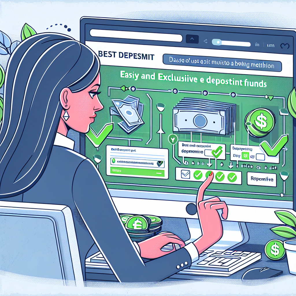 A detailed illustration of an easy and exclusive guide or tutorial about depositing funds into a betting site. The image should depict a sequence of steps demonstrated by a Caucasian woman on a computer interface, carefully following the guide. The design of the betting site should be reimagined to ensure it doesn't infringe on any specific brand. Reinforce the concept of 'ease of use' and 'best deposit method' by incorporating positive visual cues such as green checkmarks or simplified diagrams. Please don't include any real money or sensitive information in the image.