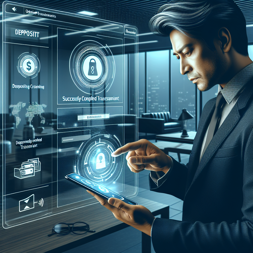 A depiction of a user interacting with a digital platform for online transactions, showcasing the process of depositing and withdrawing funds. The user, a South Asian man, is focusing on the screen of his mobile device, where the application interface is displayed. Illustrate a successfully completed transaction notification on the screen. The room he is in is modern and well-lit, filled with technological gadgets. Ensure to keep an overall tone of security, reliability, and convenience. Do not depict any specific real-life applications or brands.