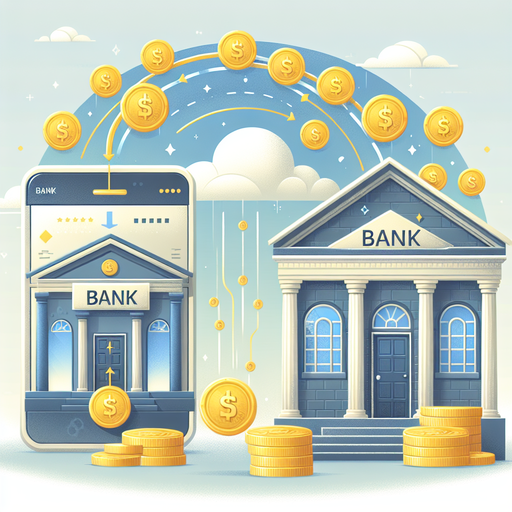Illustration of an online banking transaction happening between two generic banks. One bank building has the label 'Bank #1' and the other one 'Bank #2'. Show money digitally transferring between the banks, represented by a stream of gold coins floating in air from one bank to the other. The atmosphere should feel comfortable and secure, indicating the process is easy, exclusive, and highly efficient.