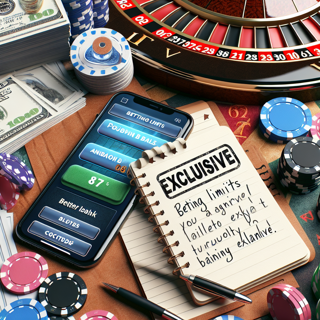 An engaging and high-quality image representing an exclusive, notebook with handwritten text about betting limits, a stack of poker chips, a roulette wheel in the background, and an alarmingly low bank balance on a smartphone screen. Please focus on creating a sense of urgency and exclusivity.