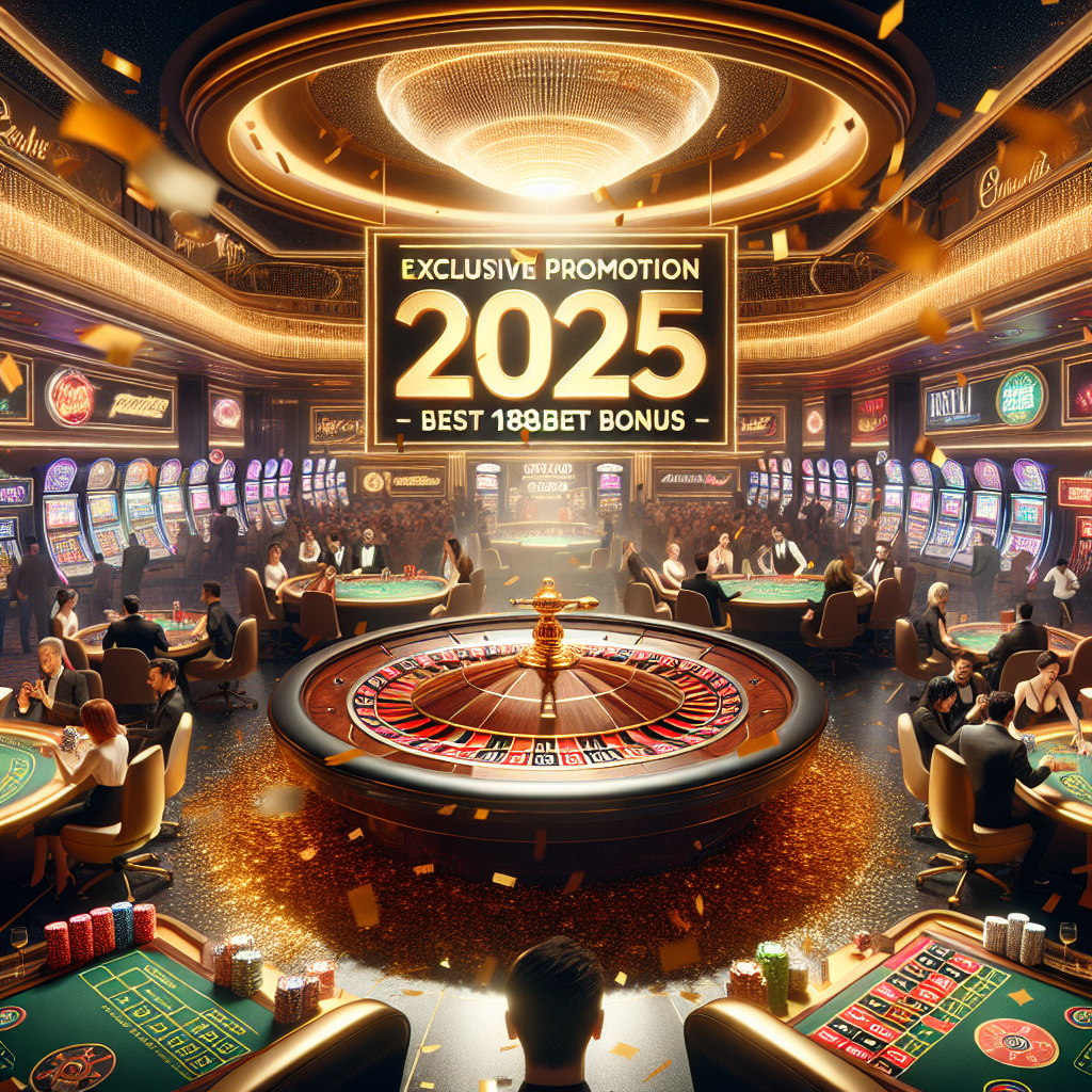 An image of a brightly-lit casino filled with various gaming tables like Roulette, Blackjack, and Poker. Several people are scattered around the room, engrossed in the games, demonstrating a mix of excitement and focus. In the center of the frame, there is a giant shining golden banner announcing an exclusive promotion for the year 2025. The banner displays the text: '188Bet Exclusive 2025 Promotion: Best 188Bet Bonus'. Around the banner, the air is filled with gold confetti, adding to the festive ambiance.