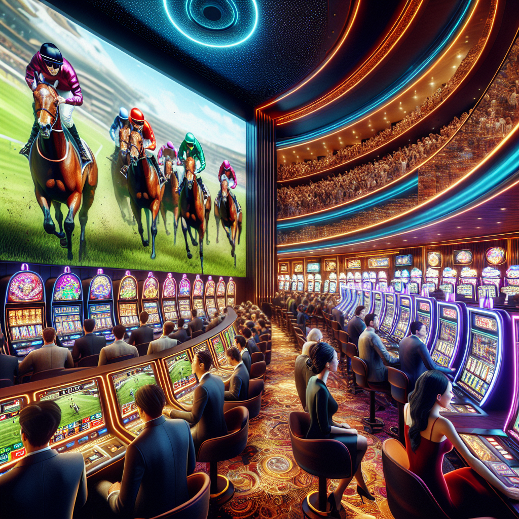 An exclusive, high-quality gaming scene depicting a luxurious casino with vibrant neon lights. In one section, a crowd of diverse racing fans are intently watching a live horse race on a large, high-definition screen. In another part of the casino, individuals of various genders and descents are engrossed in playing a variety of slot machines. The atmosphere is lively and charged with excitement, illustrating the best in live betting and slot machine entertainment.