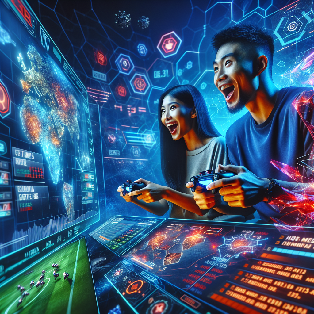 Visualise a scene emphasizing the thrill of betting in virtual sports gaming. Show a close-up of two excited players, one South Asian woman and one Hispanic man, sitting in front of screens glowing with intricate maps and charts, holding gaming controllers. Include indications of strategic decision-making, such as statistical data, betting odds, and potential payouts. Use a vibrant and intense color palette to signify the excitement and suspense involved in eSports betting.