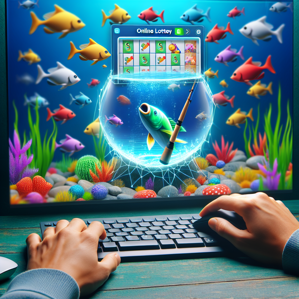Generate an image depicting a scene of a thrilling online lottery game, exclusive to a virtual platform. In the middle, there's an engaging game of digital fishing happening, with colorful fishes swimming around in an underwater world. It is considered to be the best game on the platform.