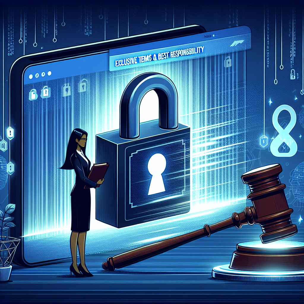 Illustration of a secure online environment represented by a large virtual lock on a digital screen, and a person with South Asian descent standing next to the lock, indicating the security measurements. She is holding a gavel to symbolize law and responsibility. In the background, there are flowing digital codes, possibly indicating online data transmission. The words 'Exclusive Terms & Best Responsibility' float above the display in large, bold letters. Overall, the image depicts the seriousness of security and responsibility in online environments.