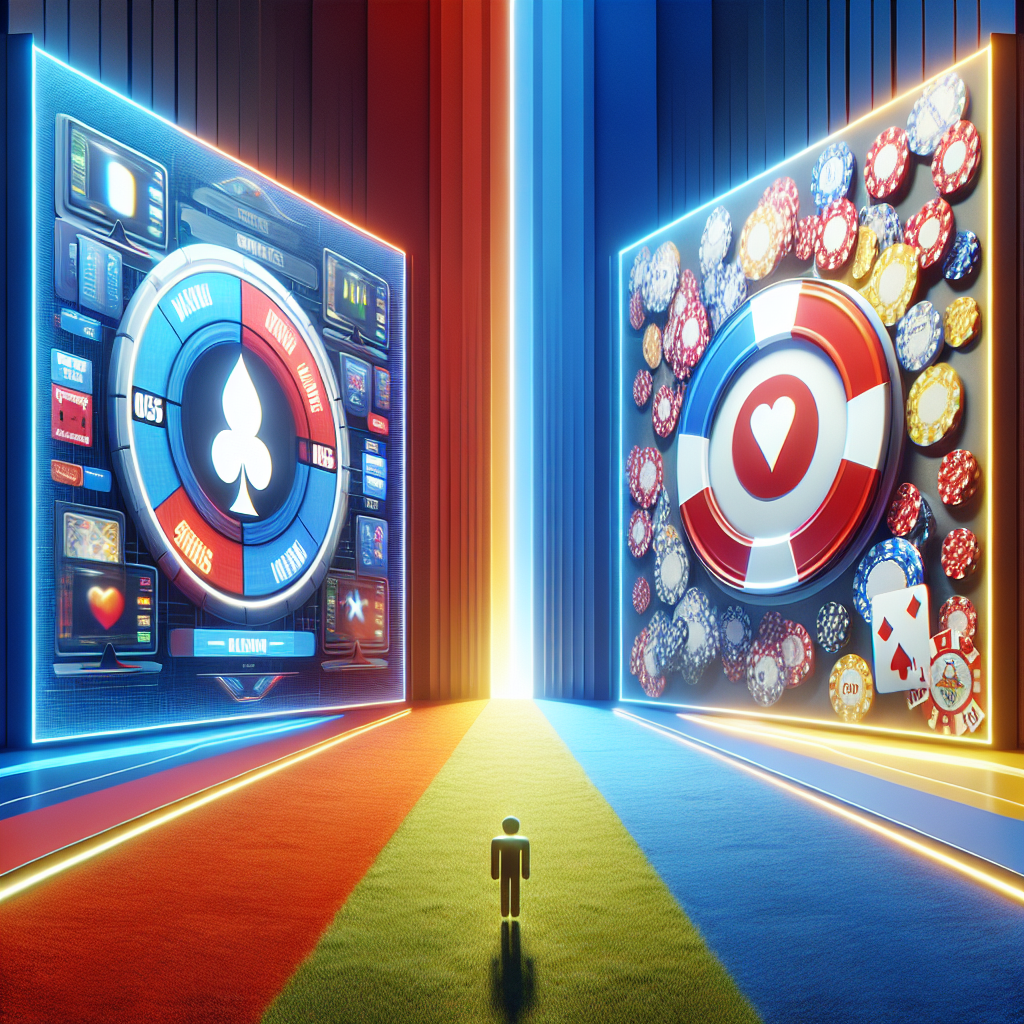 A conceptual image of two large-scale digital screens, each displaying the logo and visual interface of distinct online gambling platforms. On the left, accentuated by vibrant blue and white colors, is the logo of a popular gambling platform that connotes competitiveness and reliability. To the right, contrasted by a bold combination of red, white, and yellow hues, is the logo of an equally well-regarded platform that symbolizes fun and vibrant energy. They seem to be vying for attention in a symbolic 'battle', suggestive of a comparative analysis, while making a 'choice' icon hovers ambiguously in the middle.